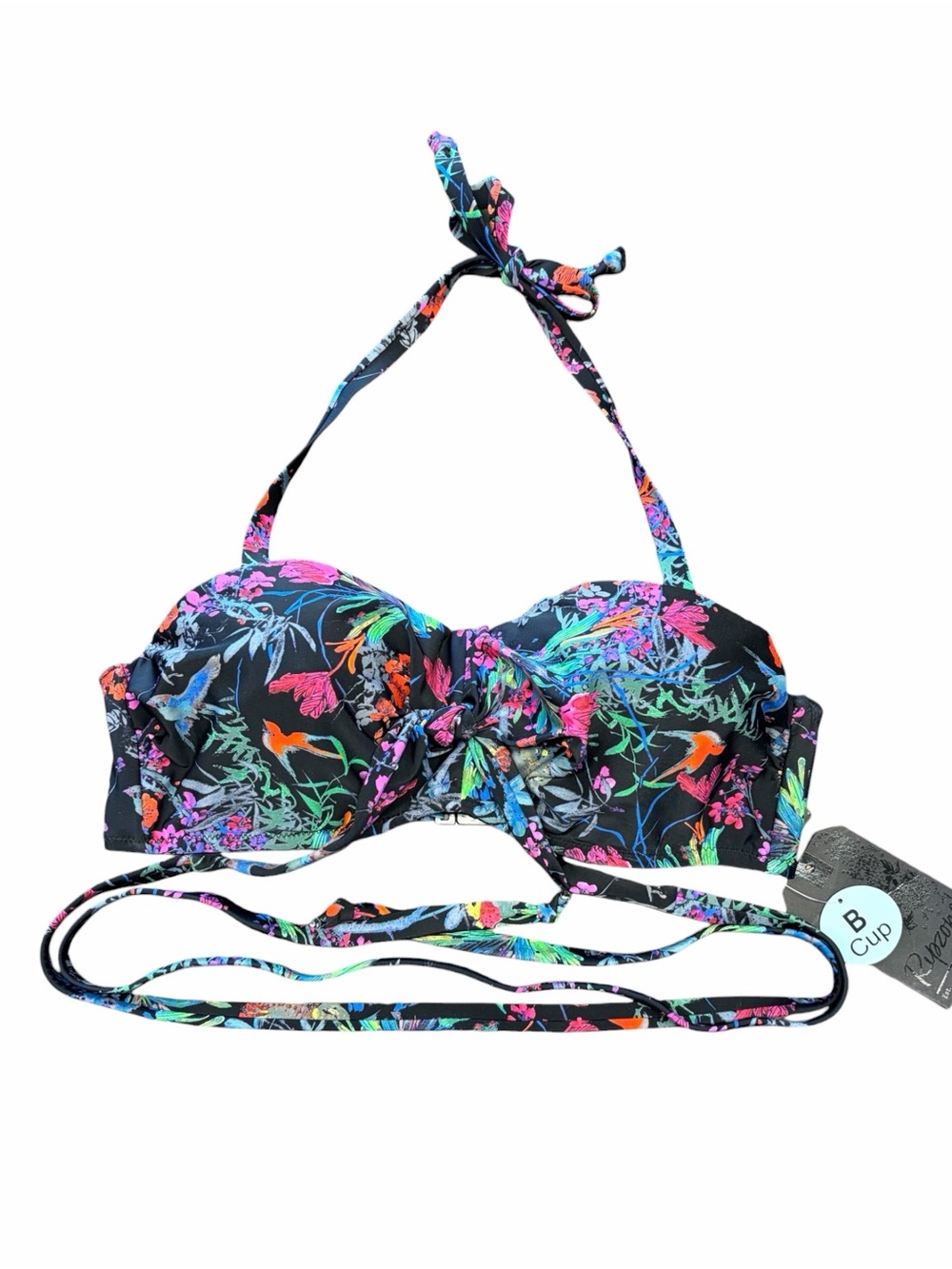 NWT Ripzone Neon Tropical Floral Halter Bandeau Bikini Swim Top Large B Cup